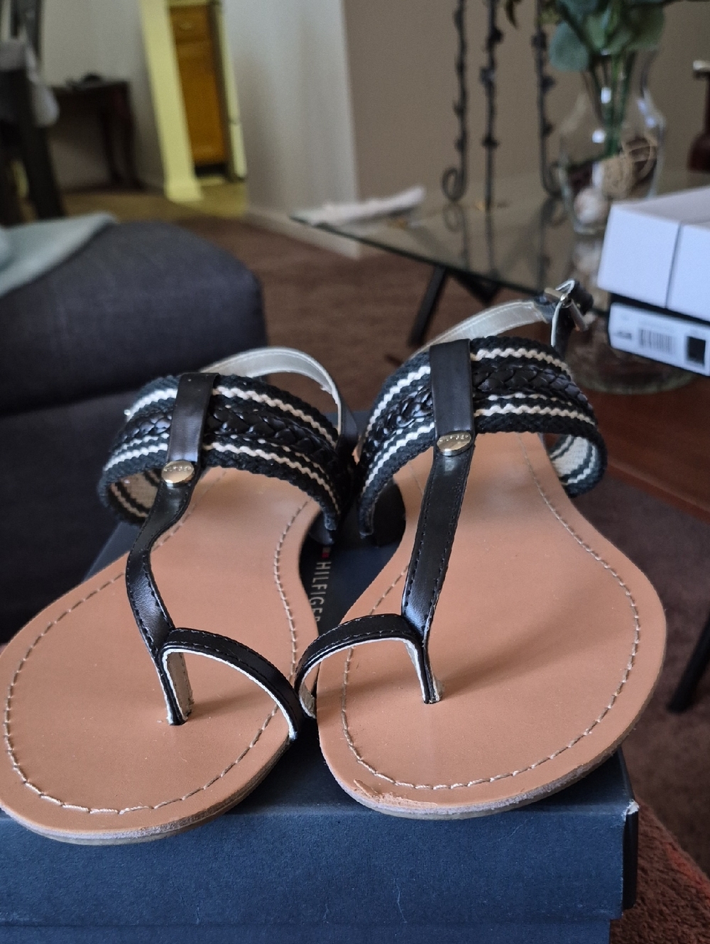 Tommy Hilfiger Black Braided T-Strap Sandals with Tan Footbed